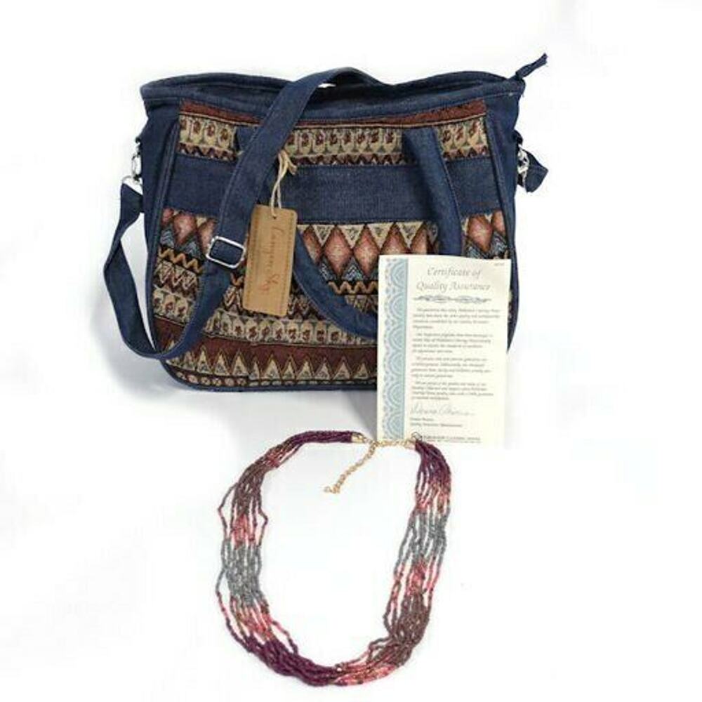 Canyon Sky Women's Printed Denim Handbag Blue with Bonus Necklace